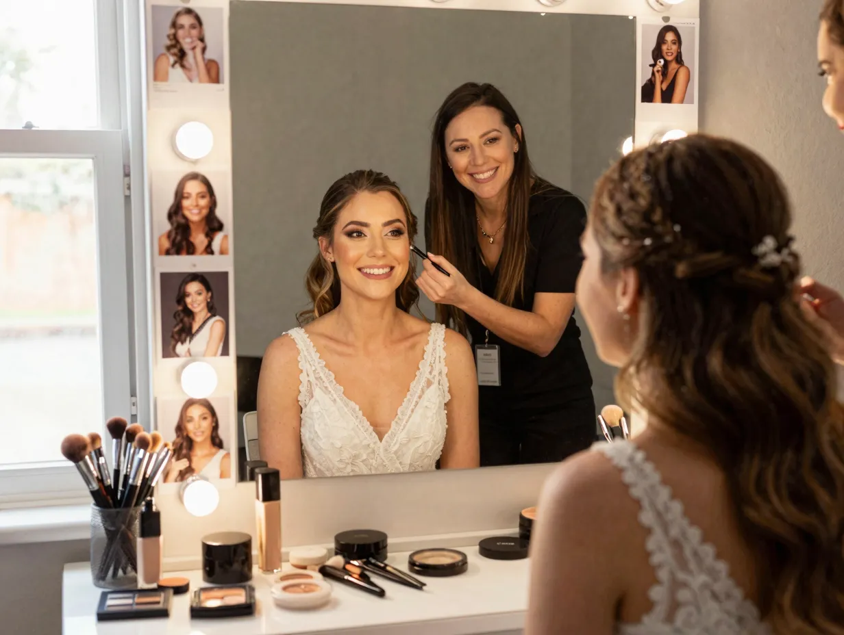 Bride smiling at her makeup trial reflection in a well lit mirror