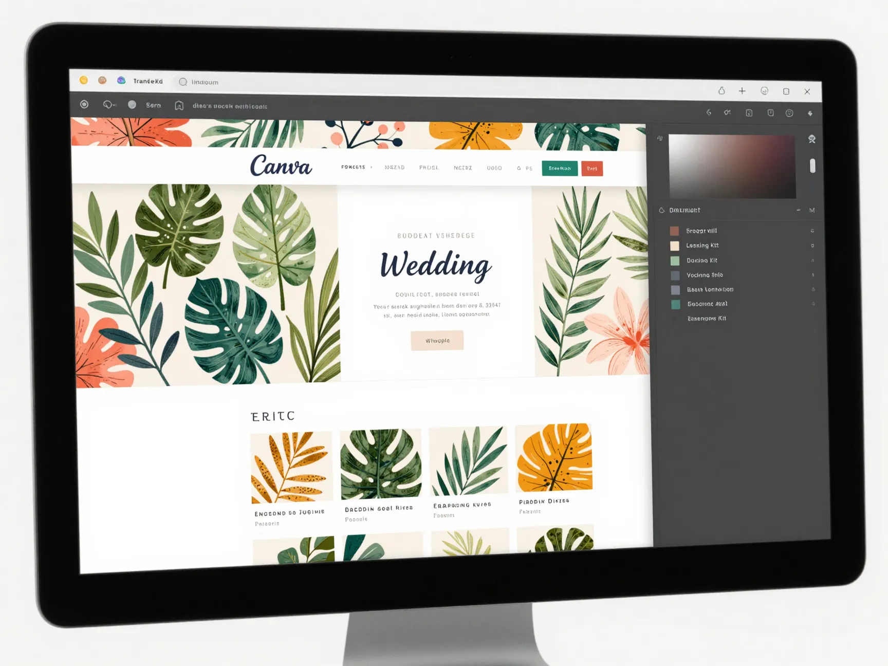Drag and drop wedding website editor with bold botanical illustrations