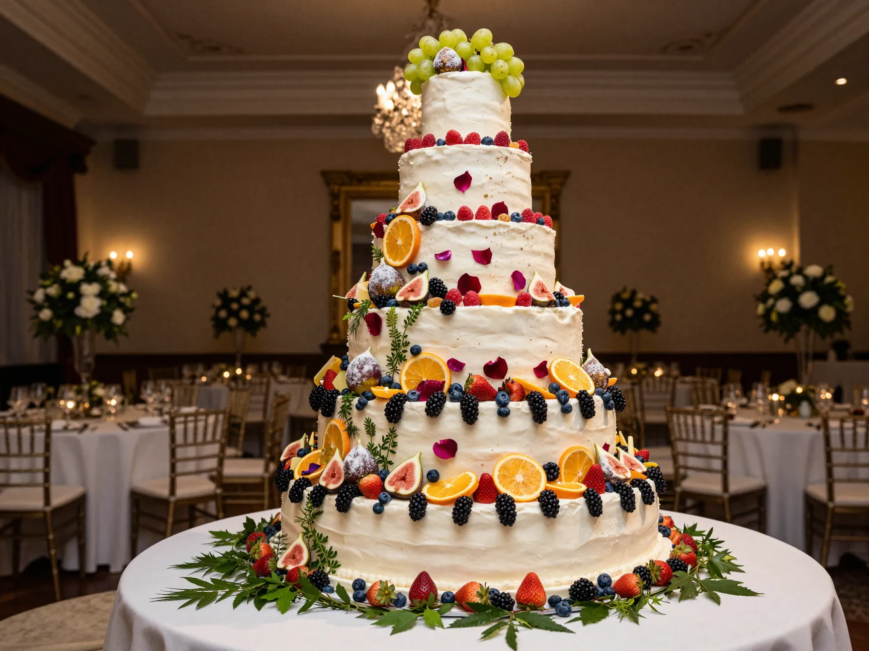 Grand ballroom five tier wedding cake with dramatic cascading fruit arrangement