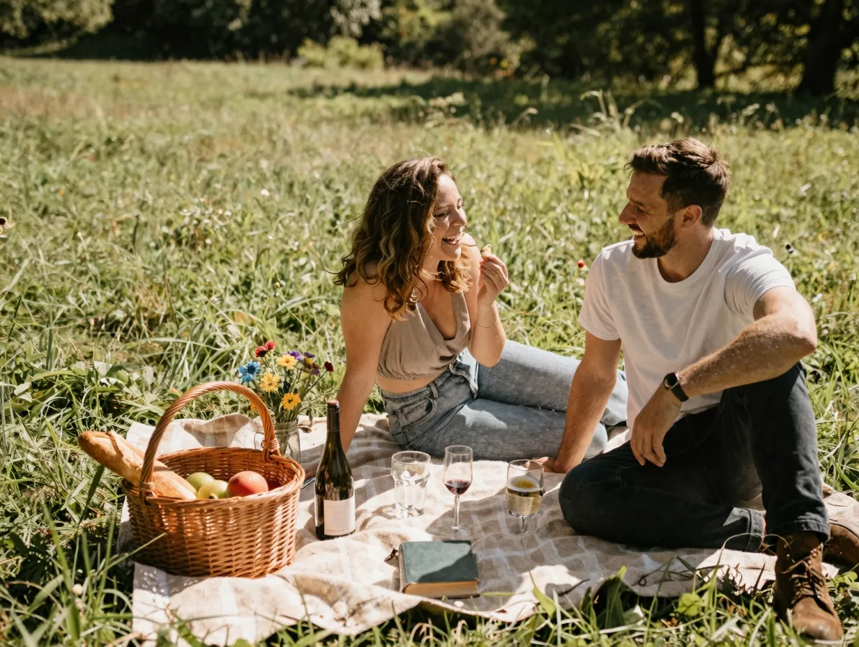 Picnic in a meadow lifestyle candid engagement session