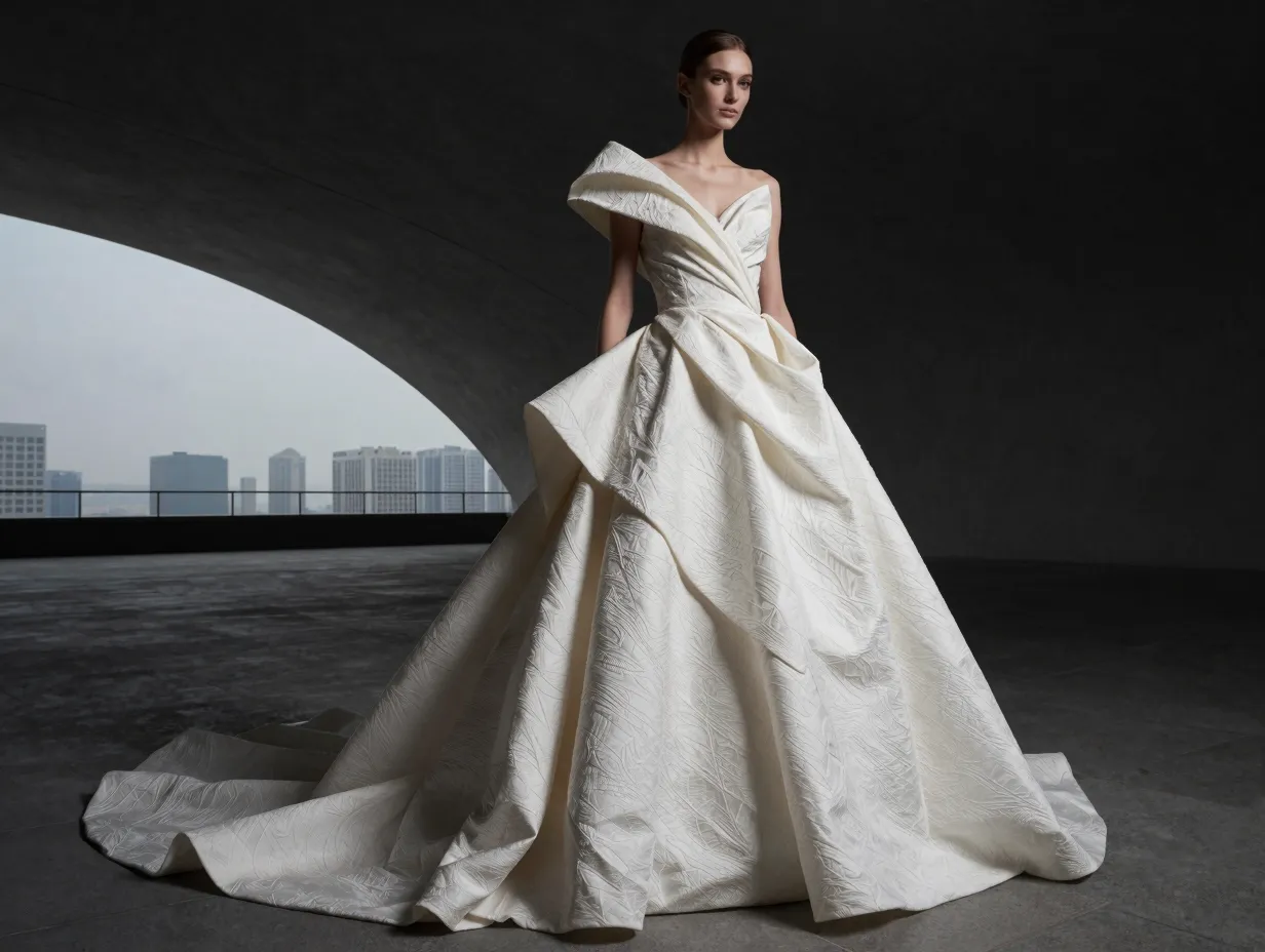 Architectural sculptural draped gown in luxury jacquard fabric