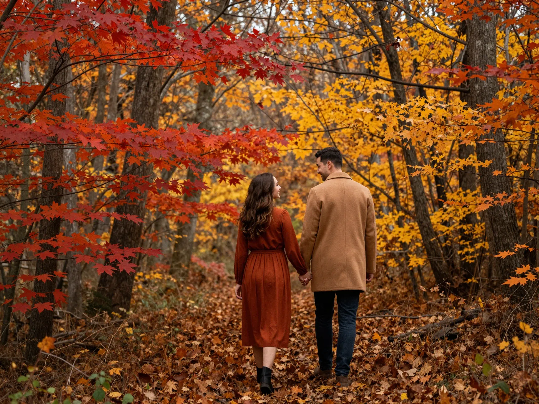 Autumn forest couple walking through vibrant fall foliage