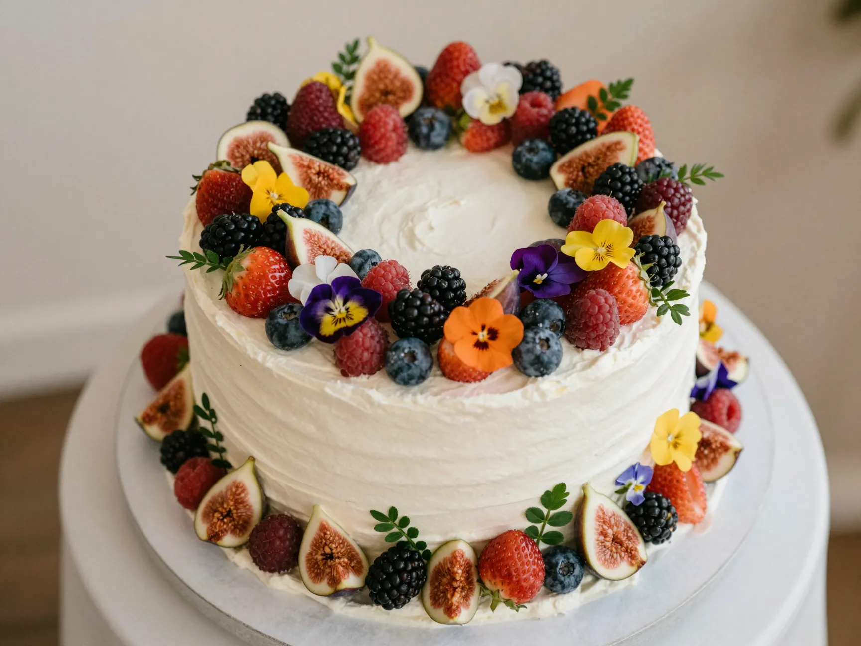 Intimate single tier wedding cake crowned with a thick ring of mixed berries and figs