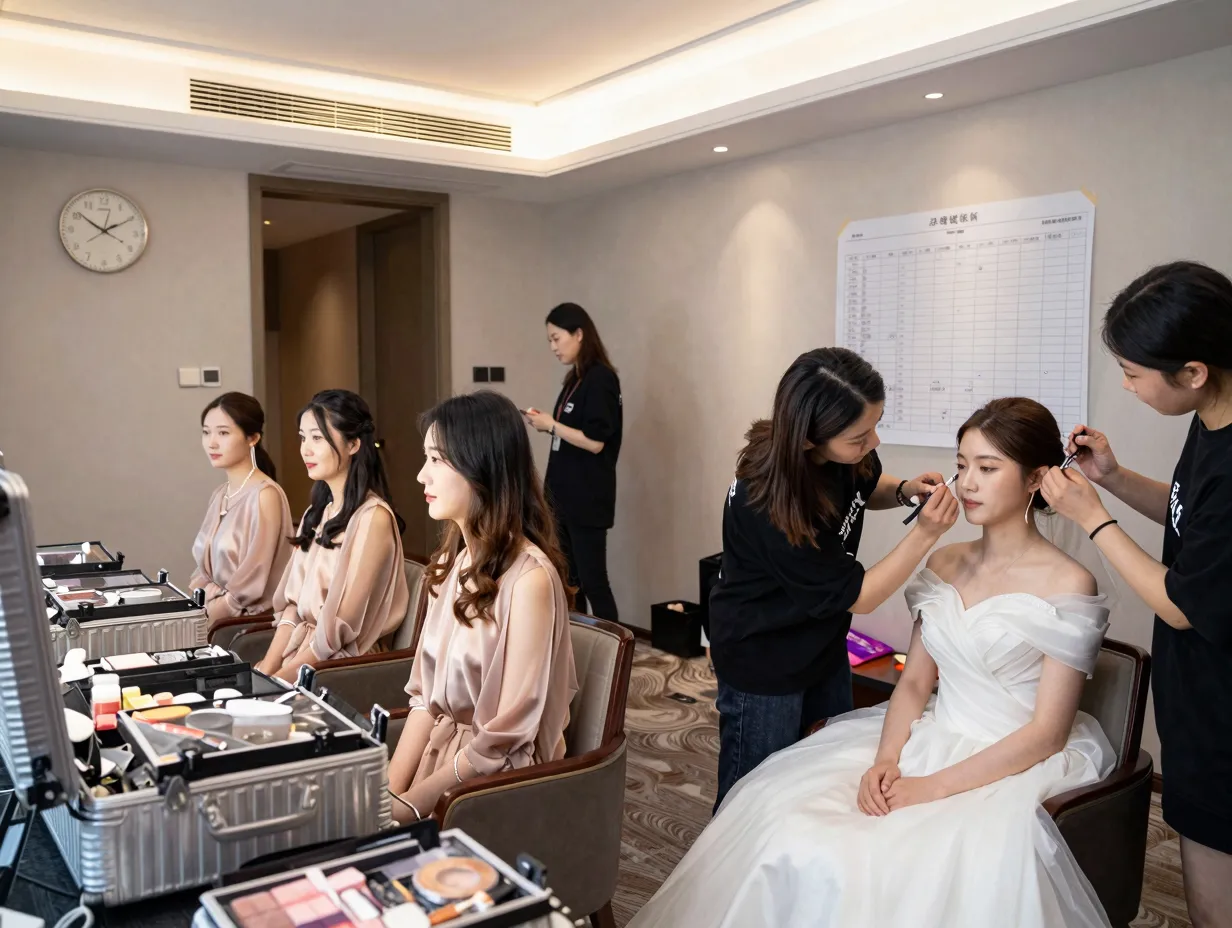 Makeup artist and assistant working on a large bridal party simultaneously