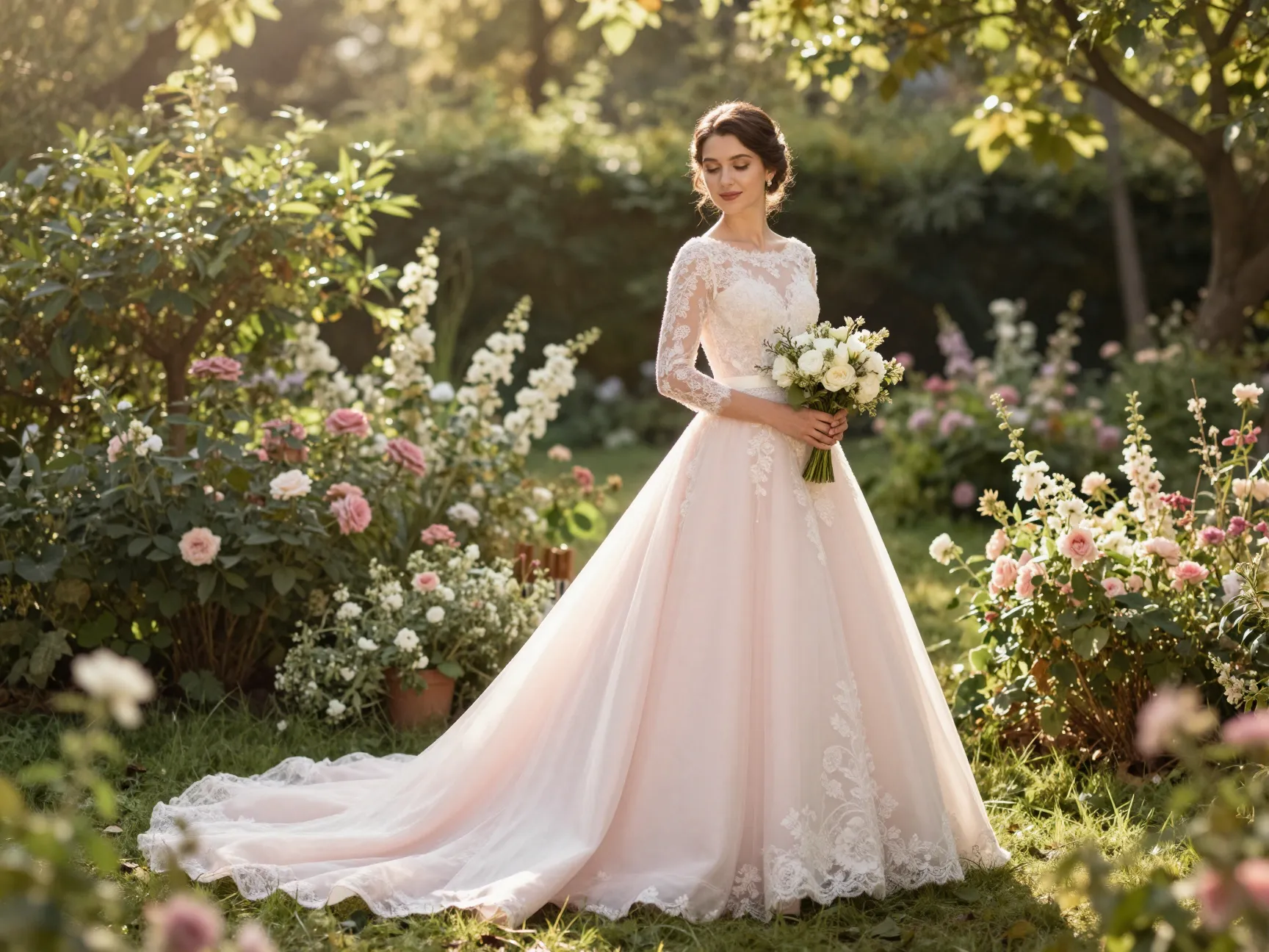 Blush pink non white wedding dress in a romantic garden setting