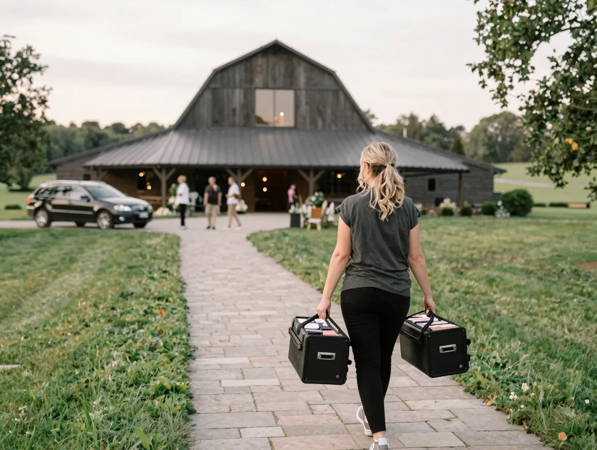 Makeup artist traveling with kit to a scenic outdoor wedding venue