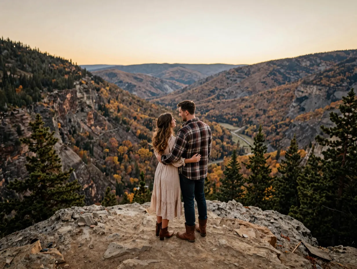 Rustic mountain getaway couple at dramatic overlook