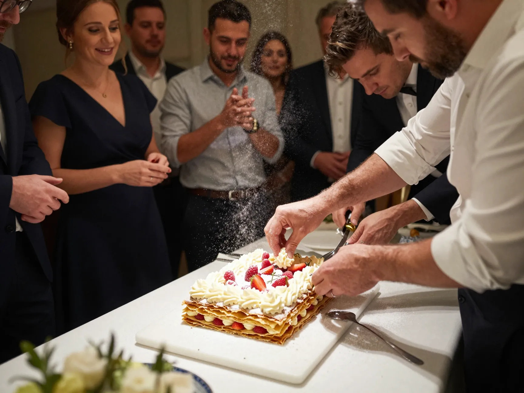 Interactive italian wedding reception with tableside assembly of millefoglie cake