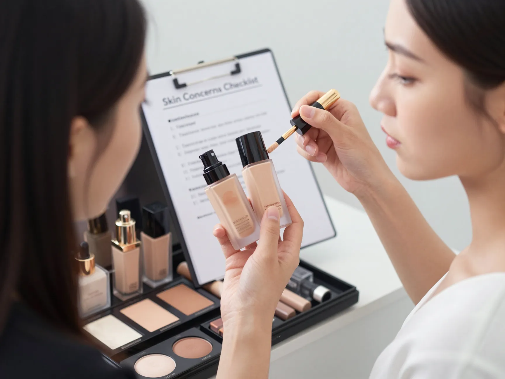 Makeup artist consulting with bride about sensitive skin product options