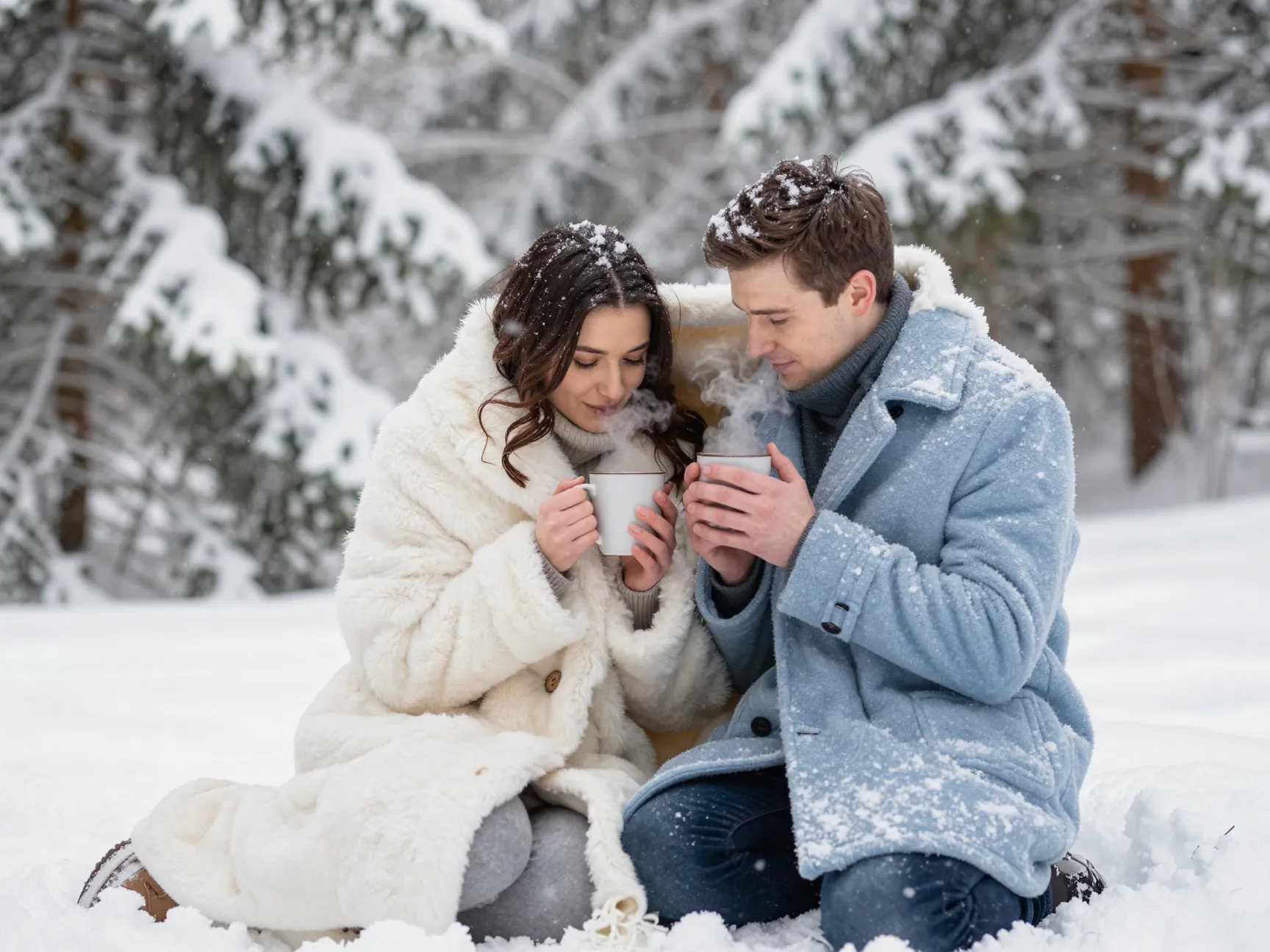 Snow covered winter landscape couple sharing cocoa blanket