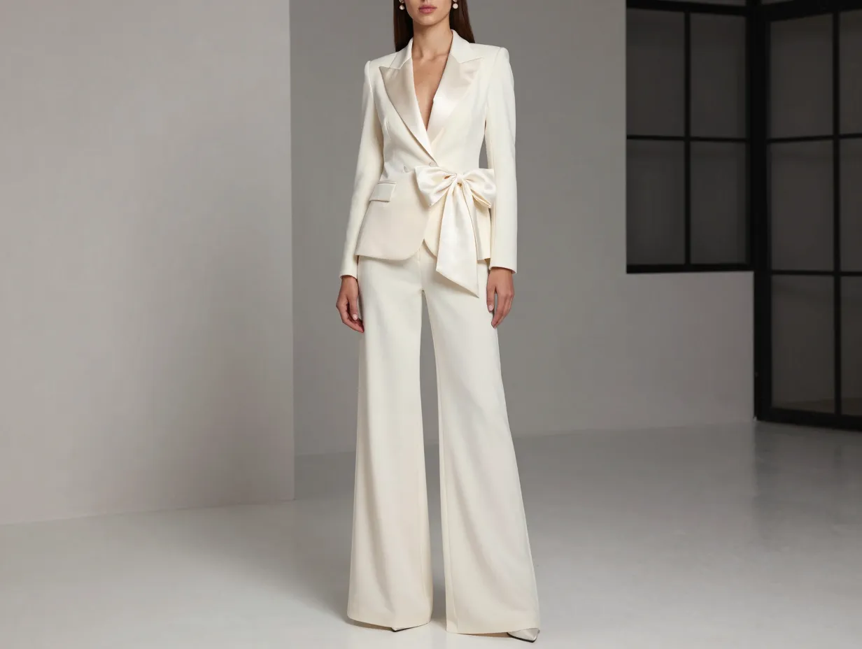 Tailored ivory bridal pantsuit with wide leg trousers and statement bow