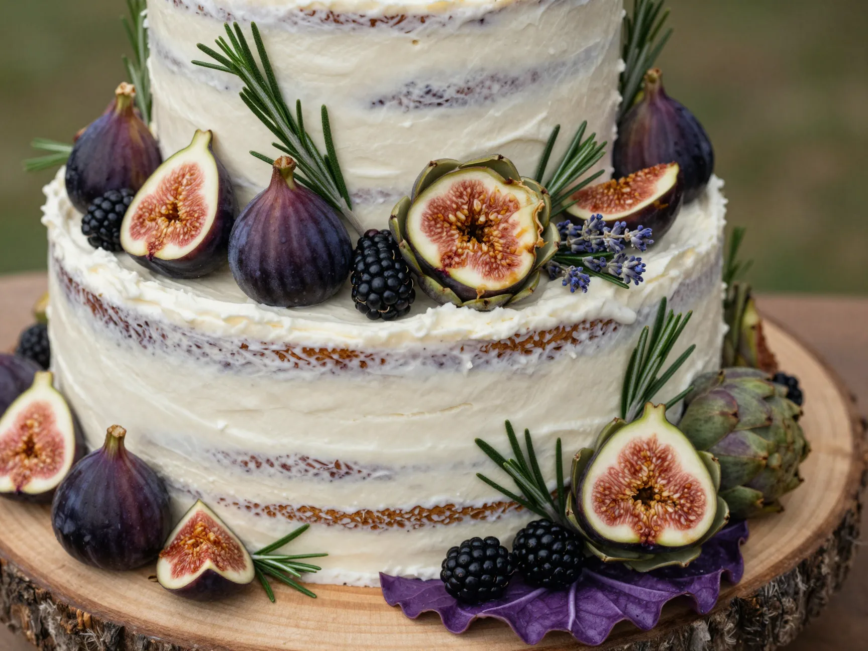 Bohemian garden wedding cake with artichoke hearts figs and fresh rosemary sprigs