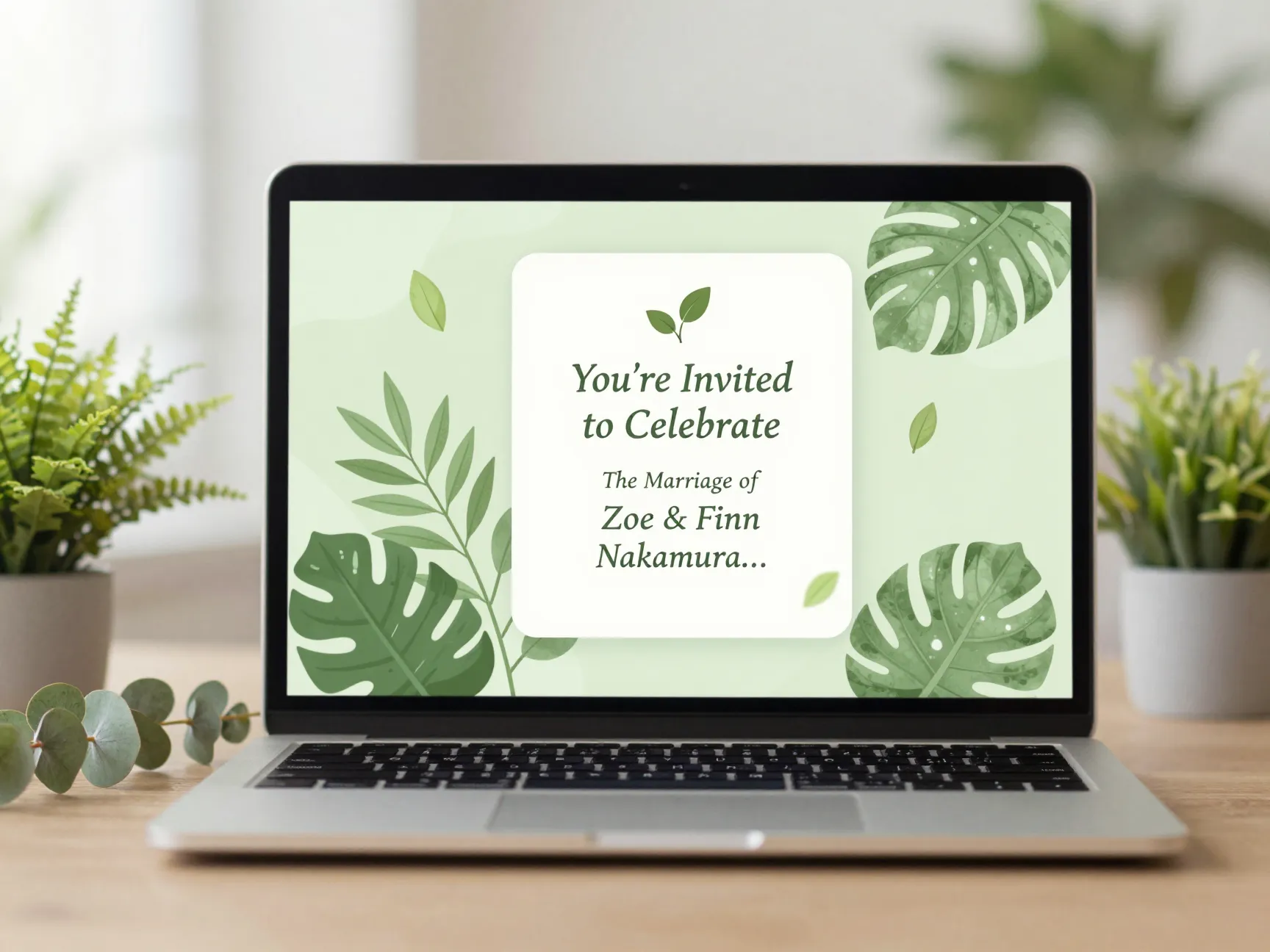 Eco conscious digital botanical greenvelope wedding invitation
