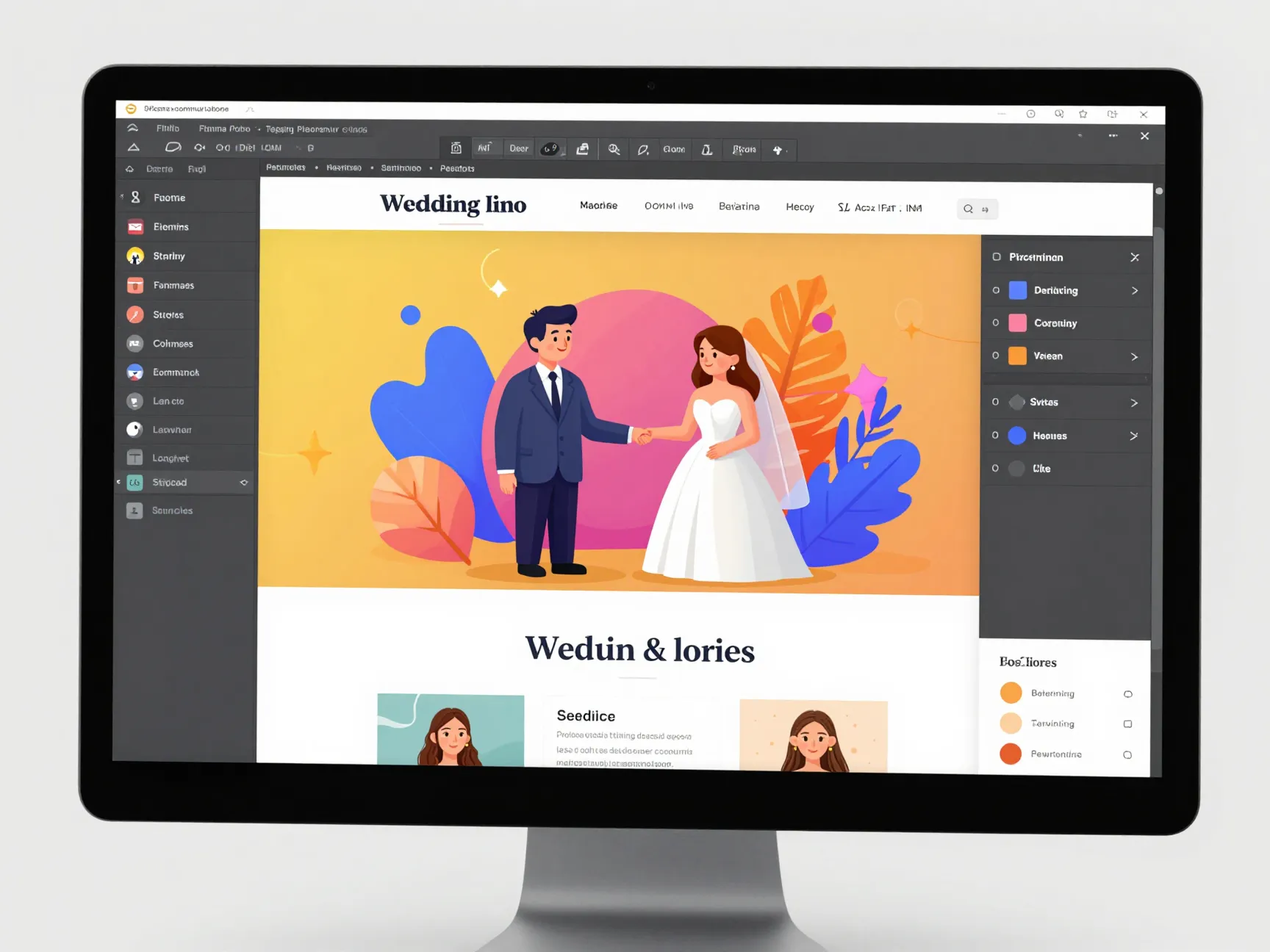 Figma design workspace with custom wedding website bold 3d elements