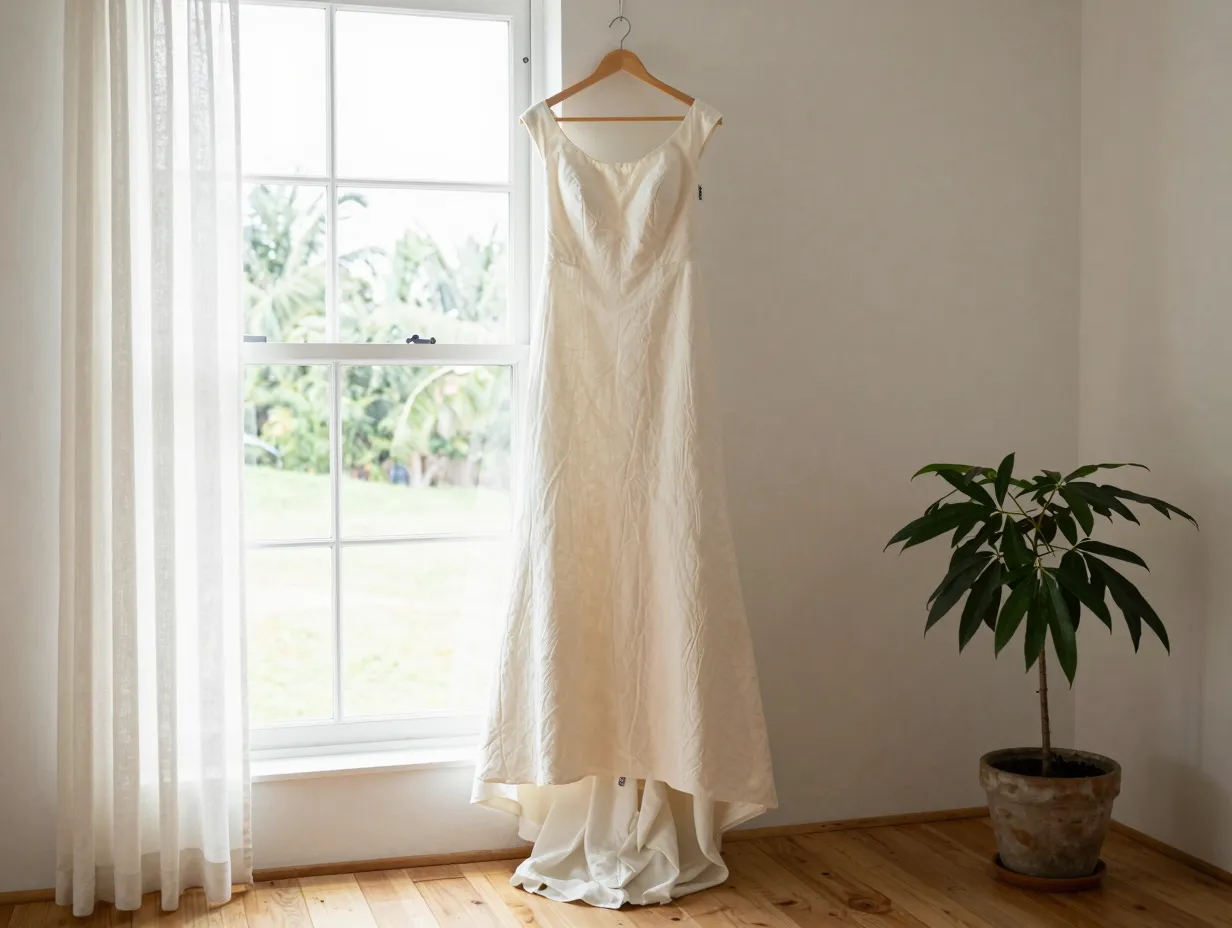 Organic cotton sustainable wedding dress hanging in a sunlit room