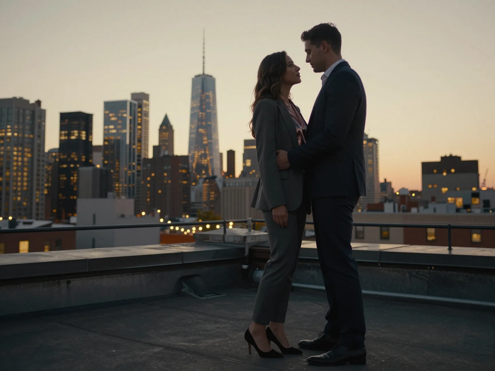 Urban rooftop engagement skyline golden hour cityscape