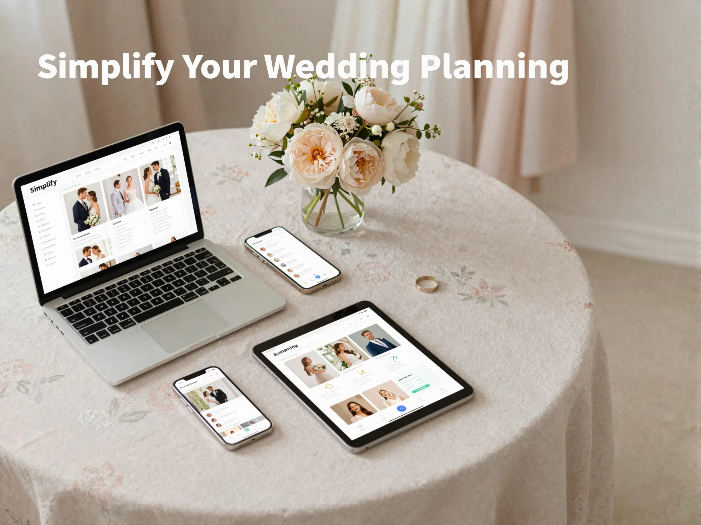 Aerial view laptop phone tablet showing unified wedding planning dashboard