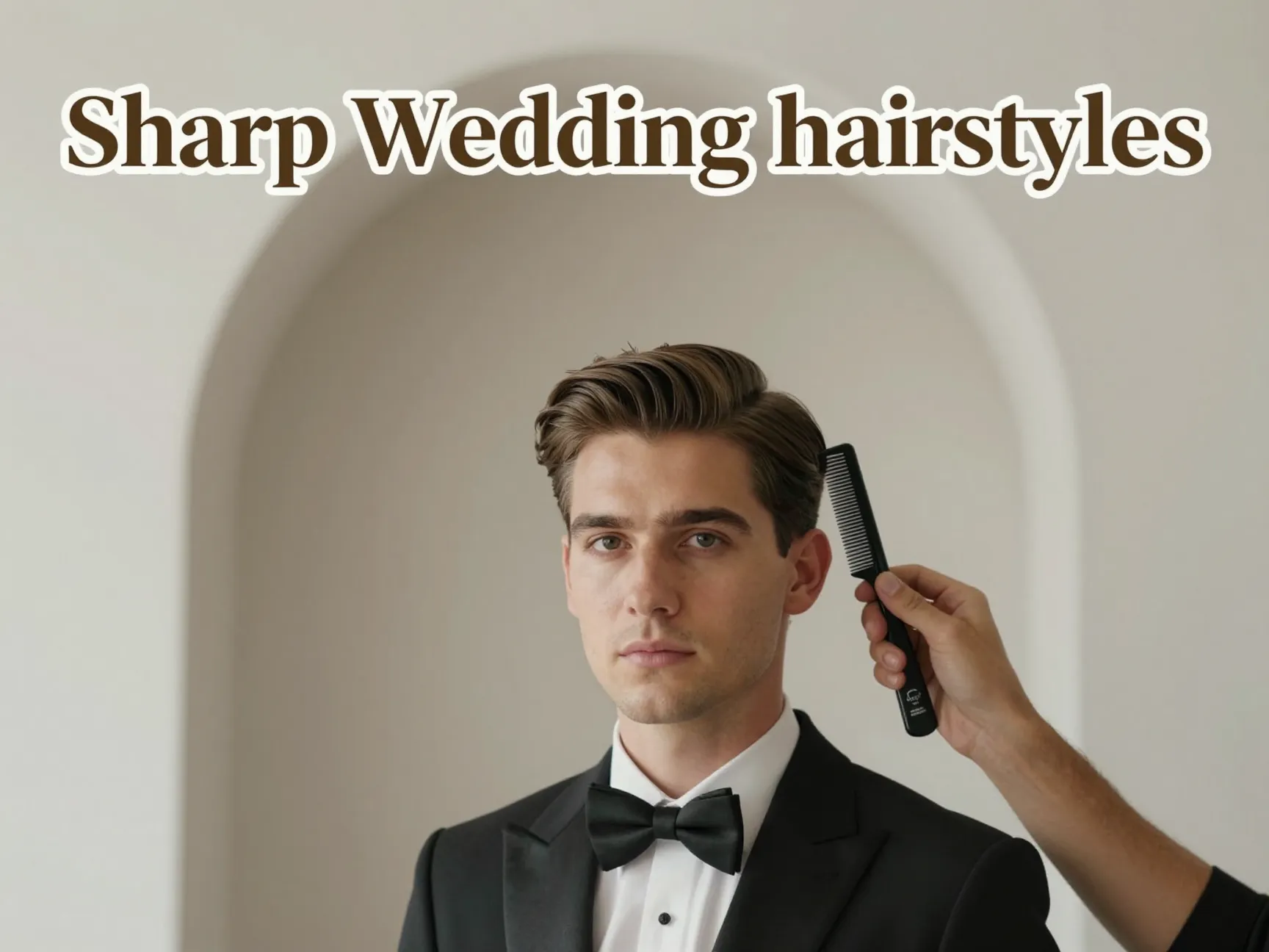 Handsome groom tuxedo classic side part hairstyle minimal background