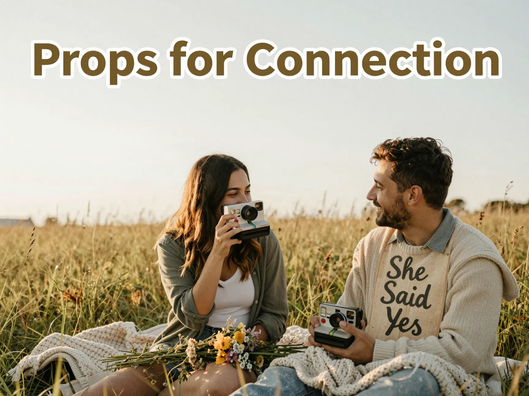 Polaroid sign blanket wildflowers golden hour candid joyful couple