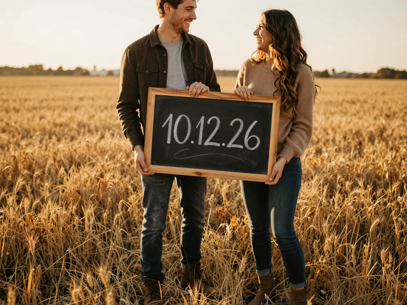 Couple smiling while holding personalized chalkboard sign in golden field