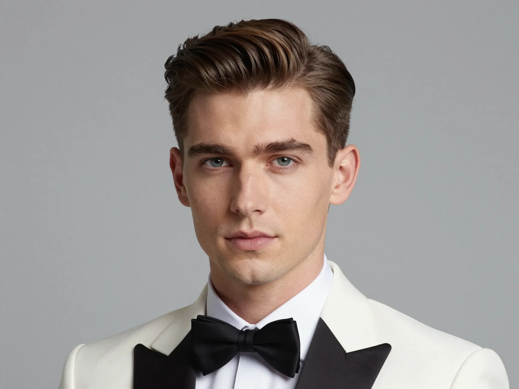 Groom elegant classic side part with pomade combed hair tuxedo