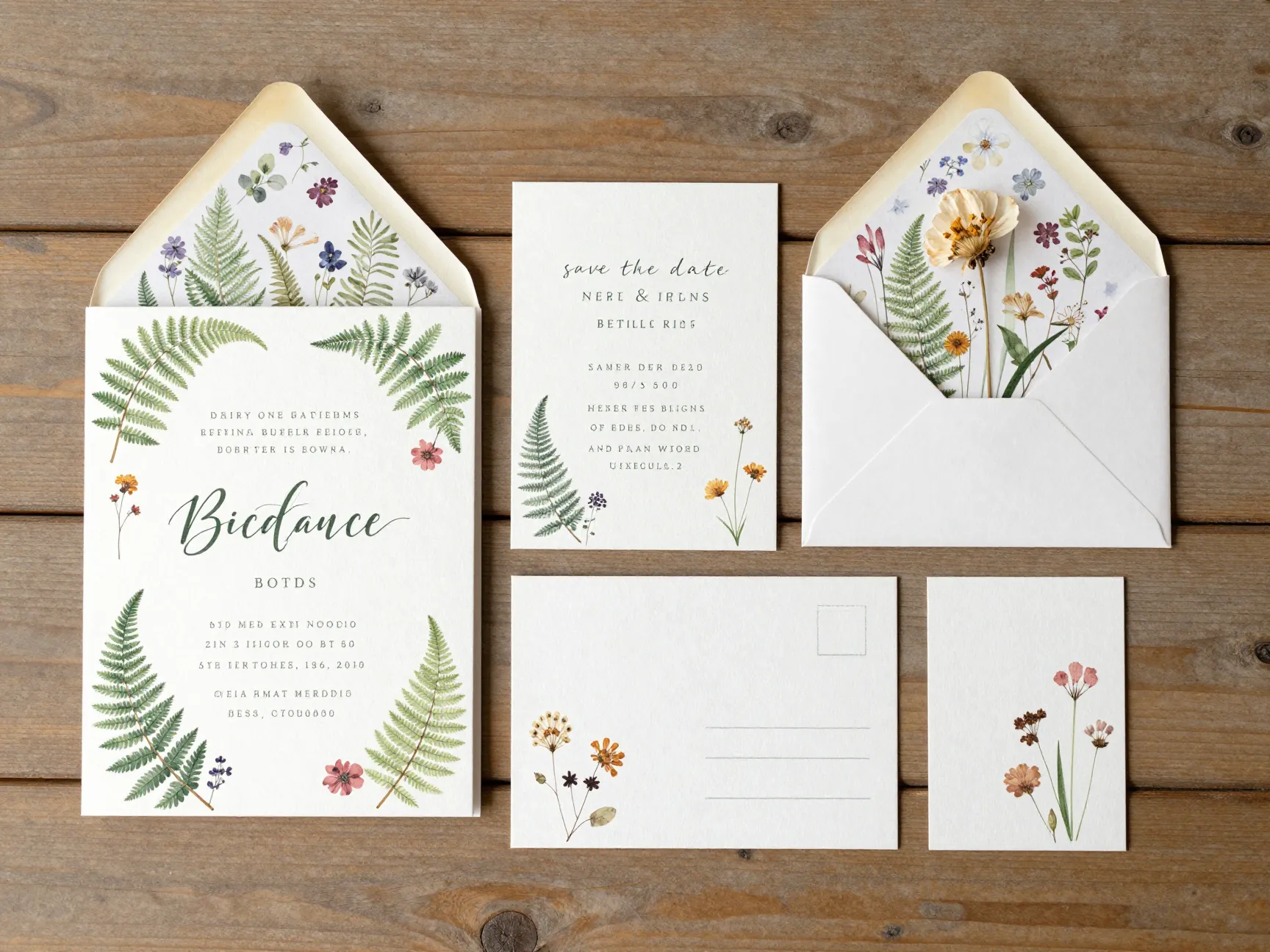 Handpainted watercolor botanical invitation set on thick cotton paper