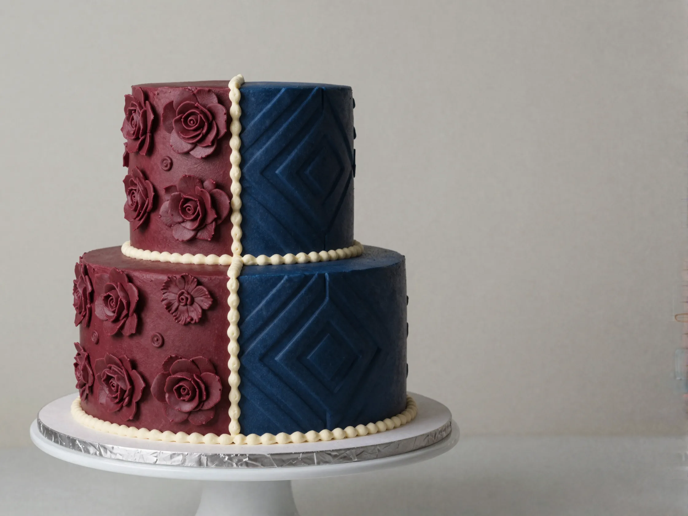 Two halves unity cake burgundy navy florals geometric patterns together