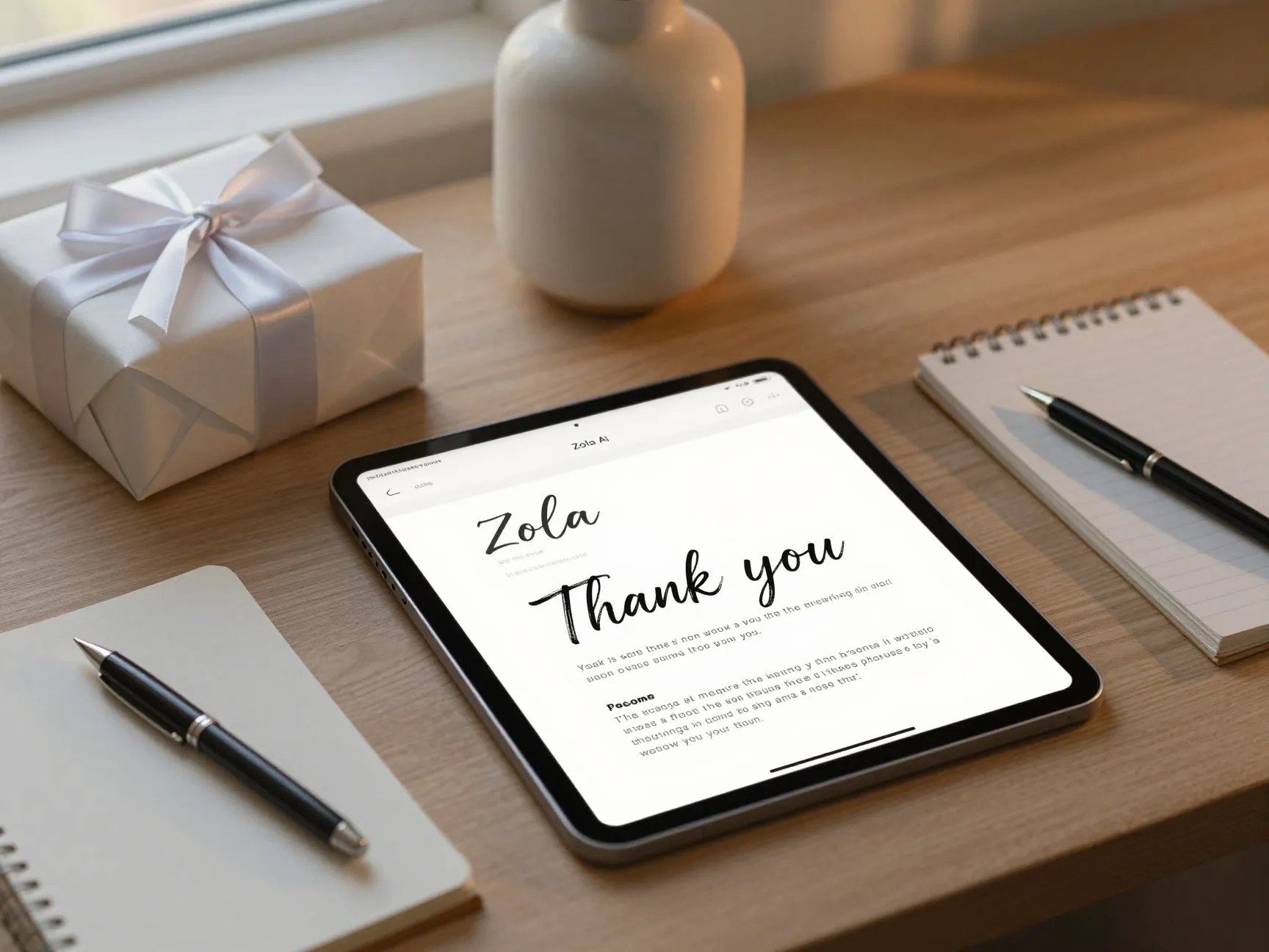 Ai generated personalized thank you note on tablet beside wedding gift