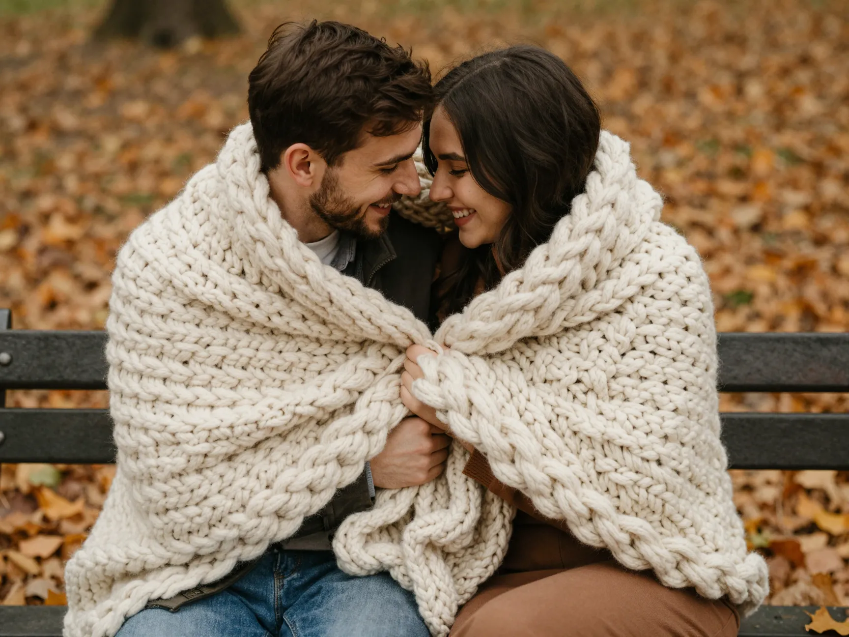 Couple wrapped in cozy chunky knit blanket on autumn park bench