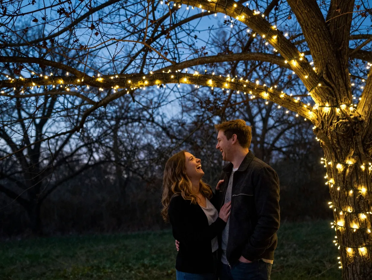 Couple laughing with fairy lights draped around tree branches at dusk