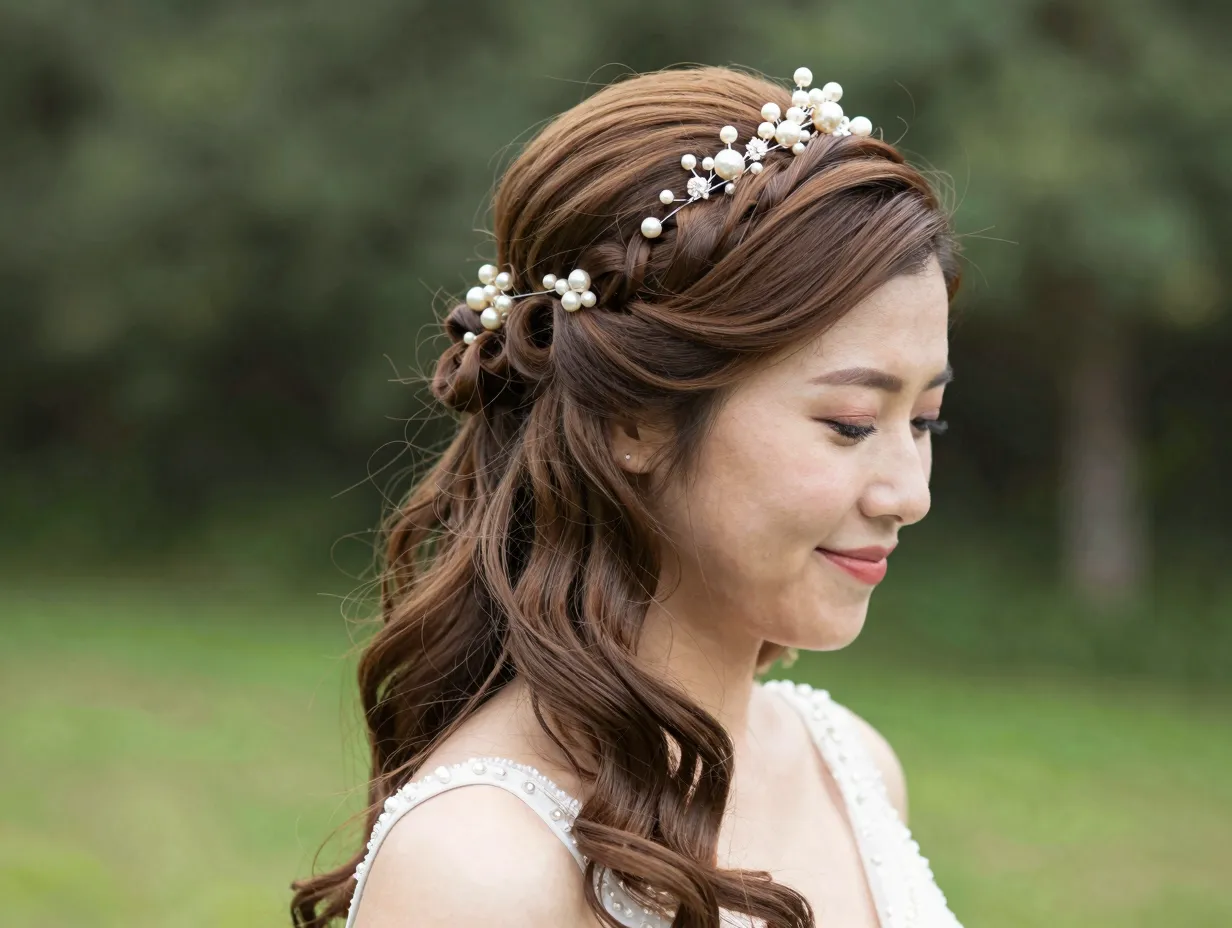 Half up half down bridal hairstyle with pearl pins intricate detailing