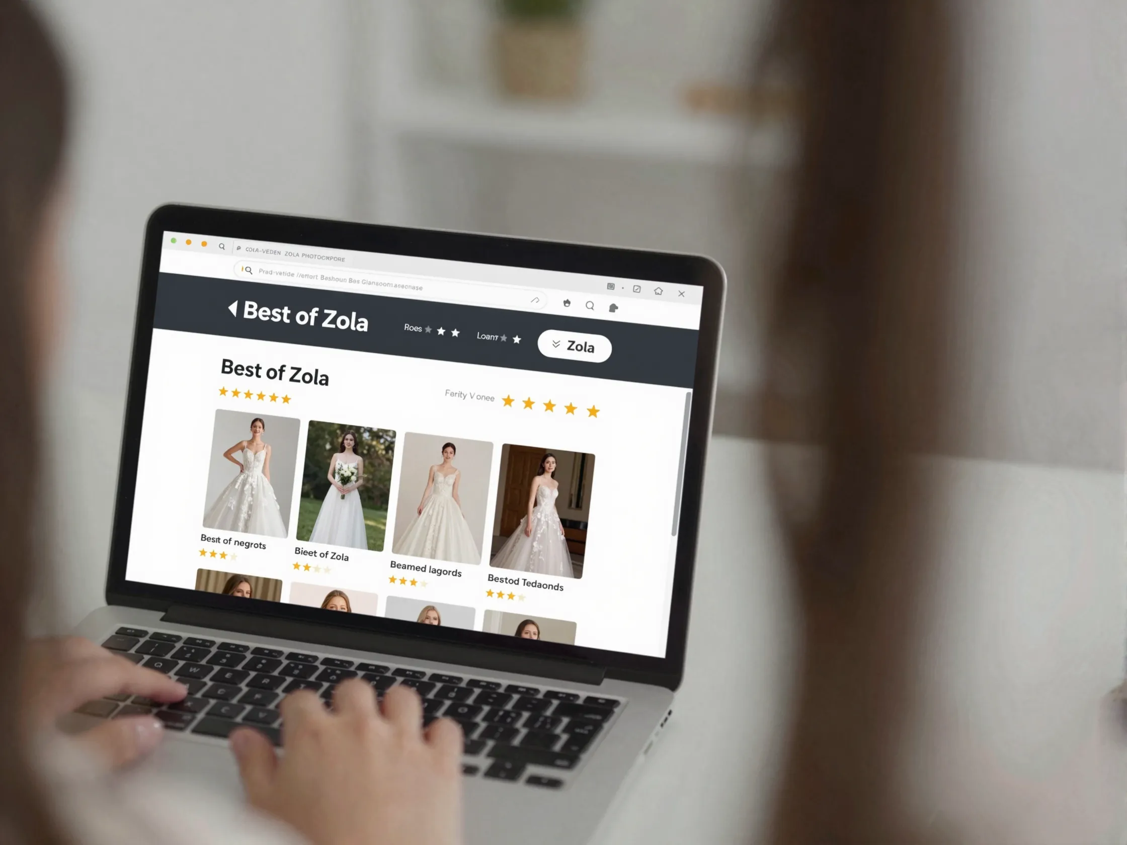 Bride browsing zola vendor marketplace on laptop with photographer portfolio