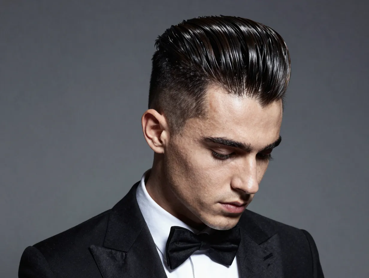 Groom slicked back undercut strong pomade shaved sides polished