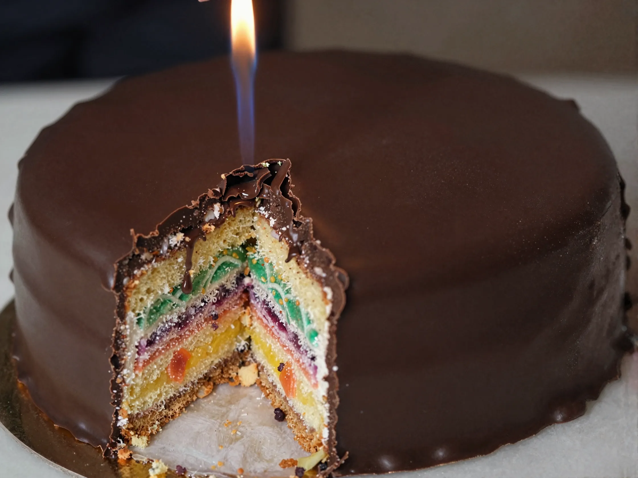 Reveal surprise cake chocolate shell melting away revealing decorated interior