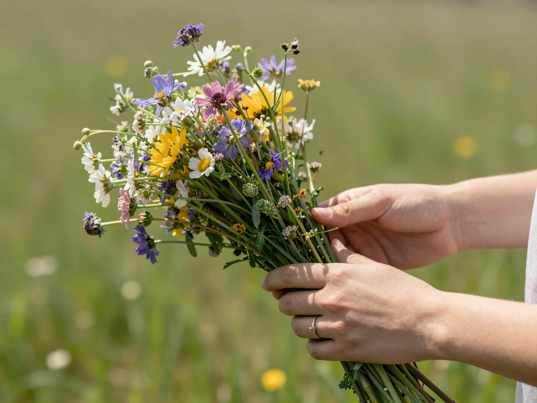 Woman holding loose wildflower bouquet in sunlit meadow closeup