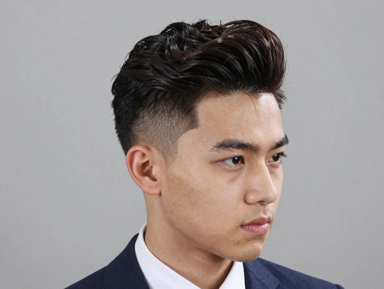 Groom modern pompadour restrained volume high fade confidence