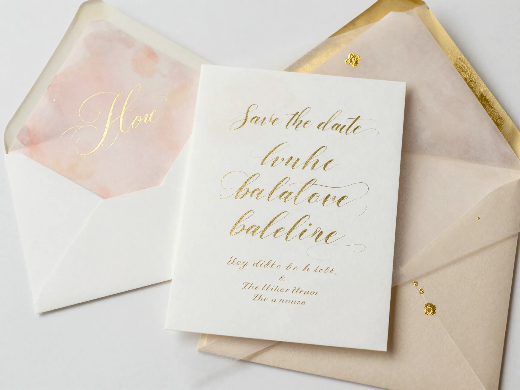 Romantic calligraphy invitation suite with vellum overlay and gold foil