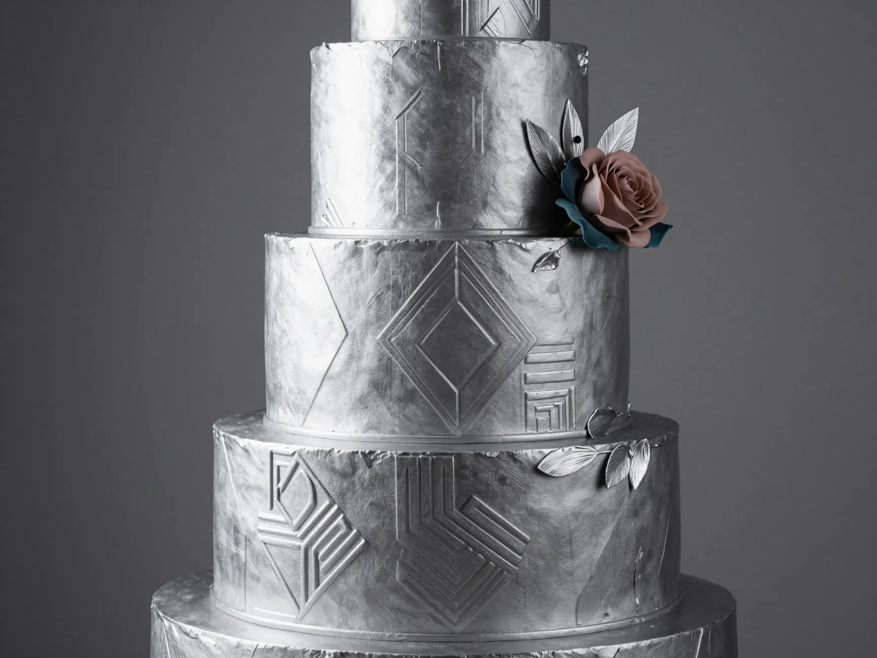Tenth anniversary tin theme cake metallic silver geometric patterns brushed leaf