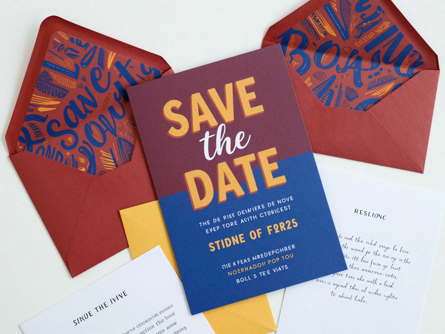 Bold maximalist wedding invitation with vibrant colors and mixed typography