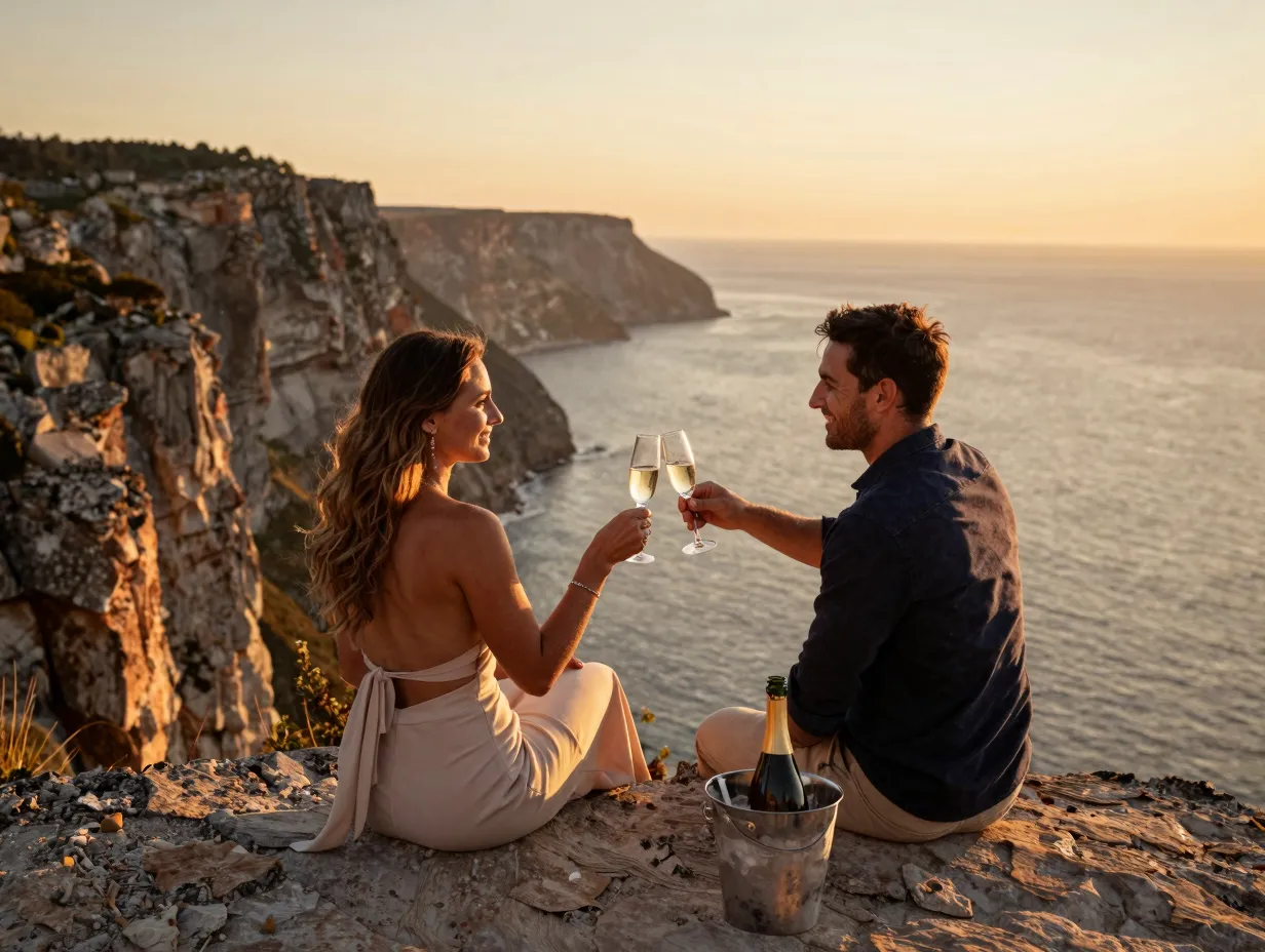Couple toasting with champagne glasses on a scenic cliff overlook