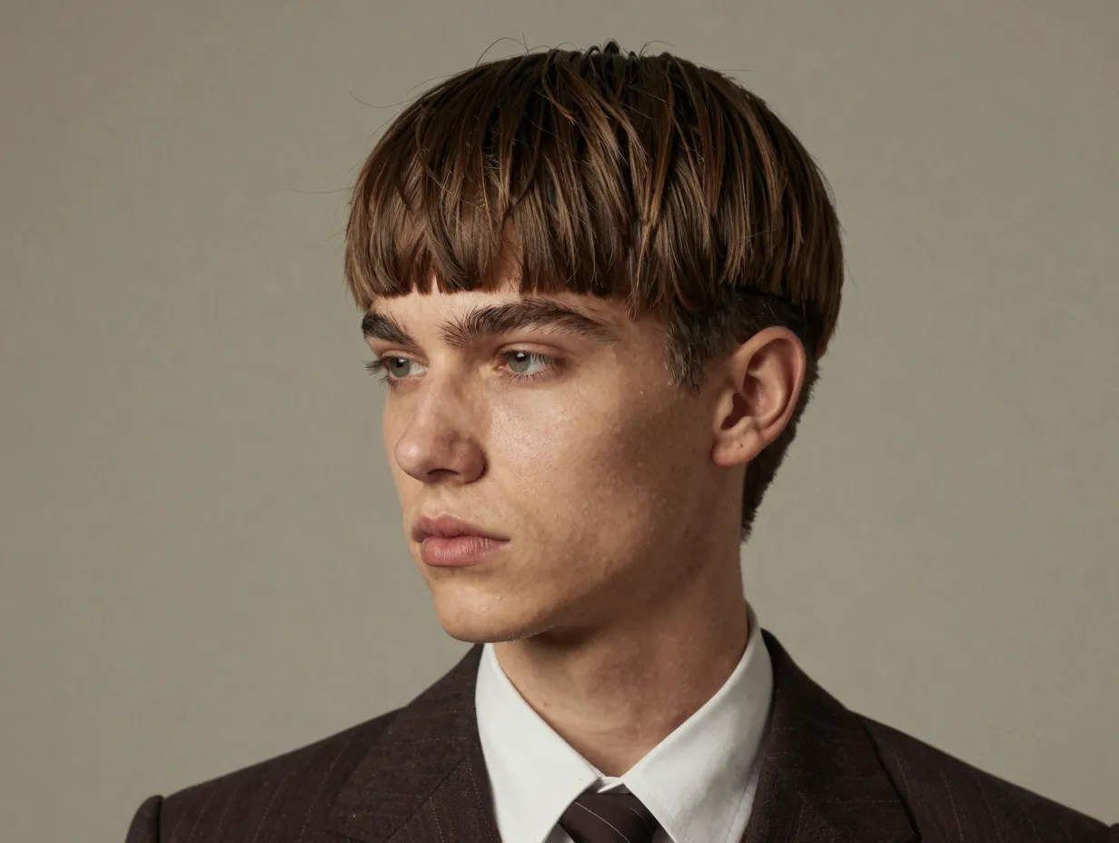 Groom mod hairstyle strong fringe fuller sides rounded silhouette