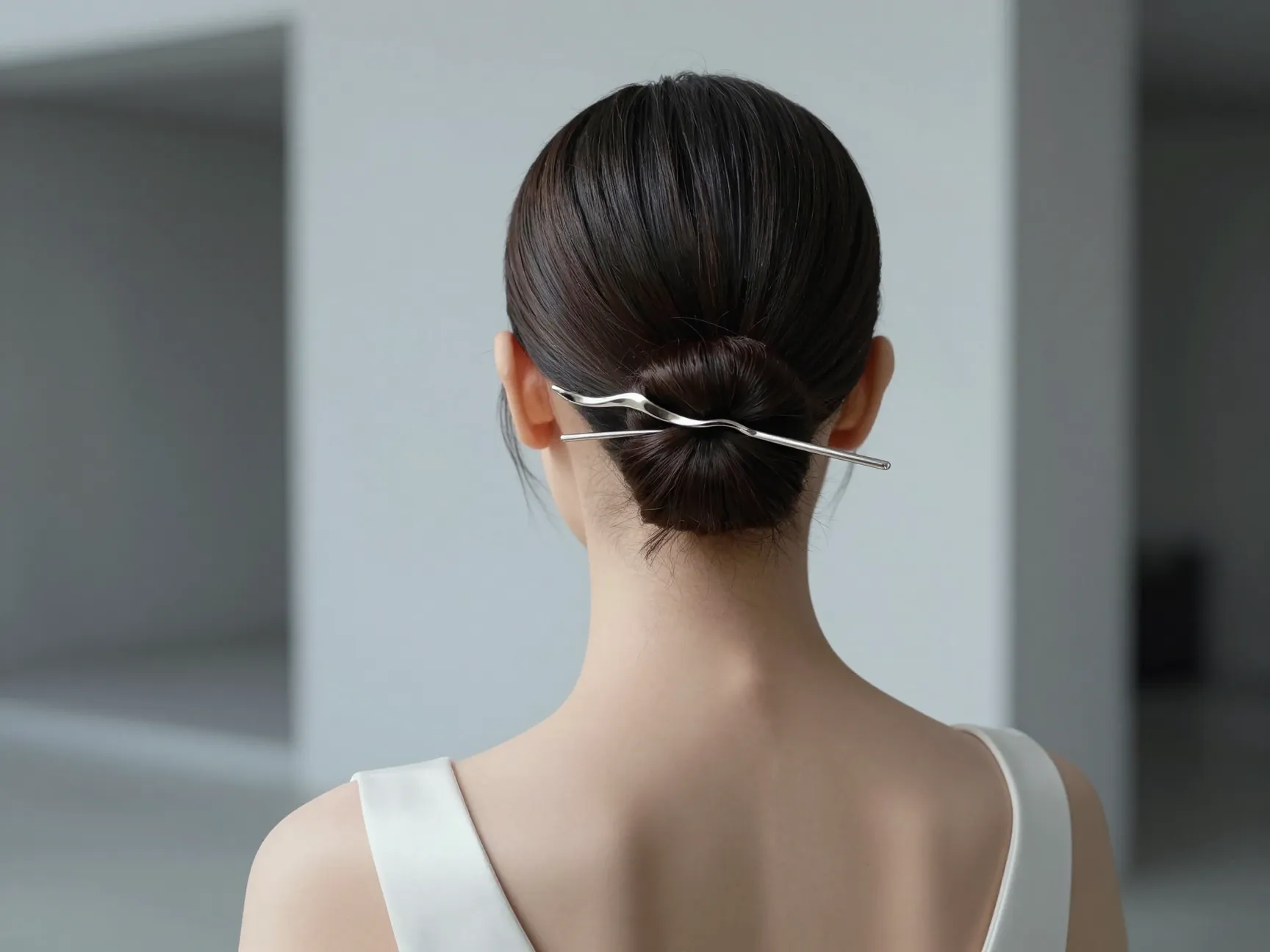 Sleek snatched bridal bun minimalist hairstyle with sculptural metal pin