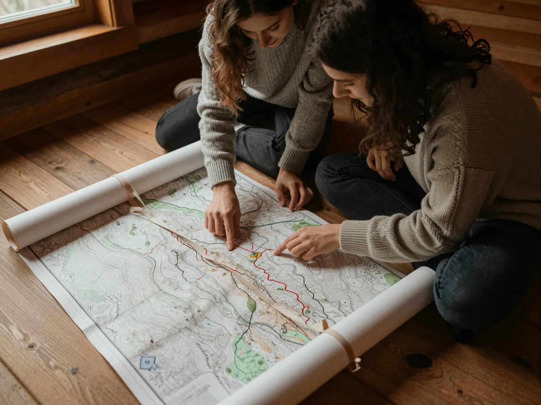 Couple unrolling a custom topographic map print in mountain cabin