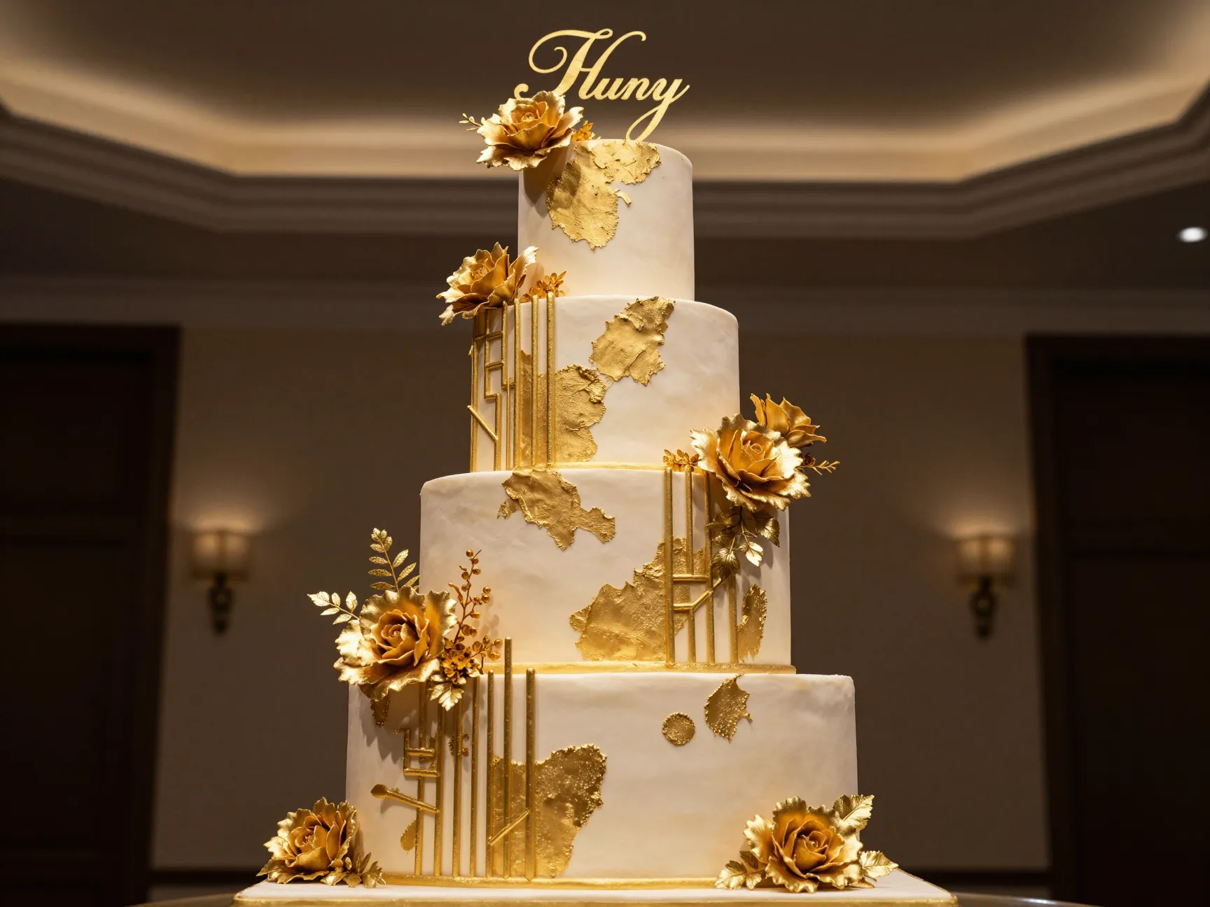 Golden anniversary cake abstract gold leaf asymmetrical tiers art deco motifs