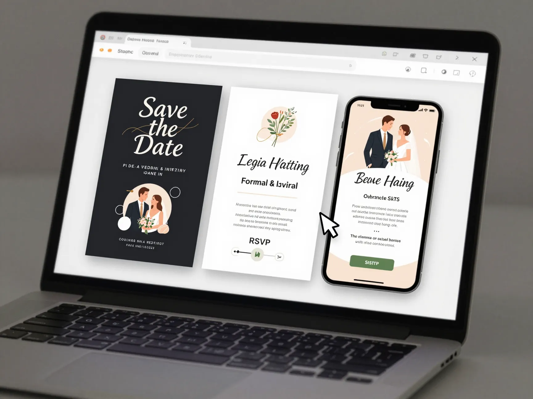 Sophisticated animated digital wedding invitation suite on laptop screen