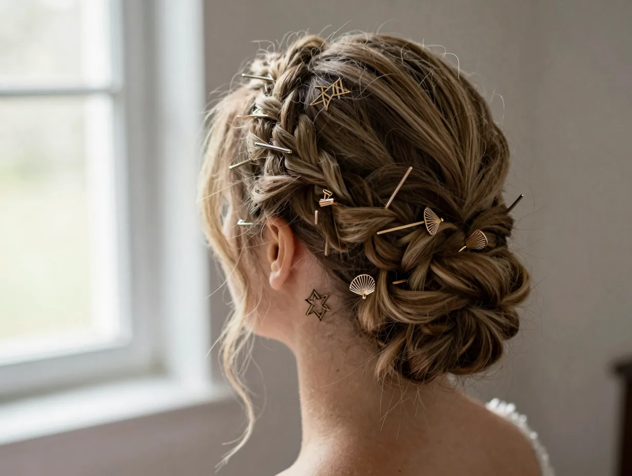 Textured updo with braided sections and architectural metal accessories