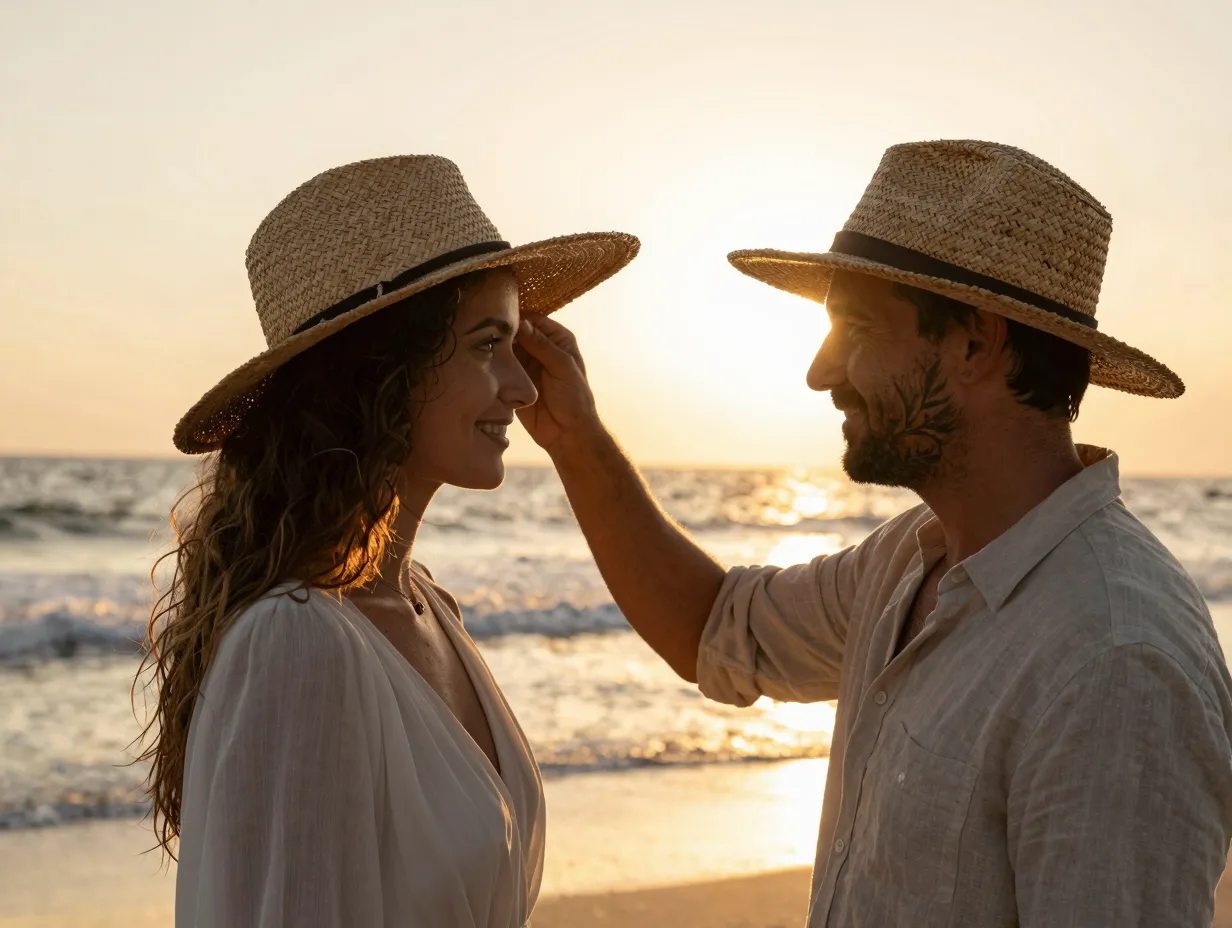 Couple sharing a wide brim hat during golden hour on beach