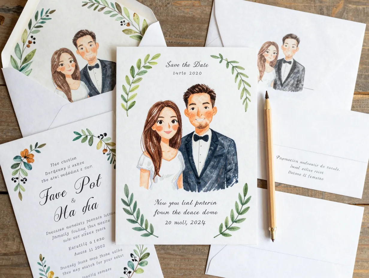 Custom illustrated portrait wedding invitation suite with couple sketch