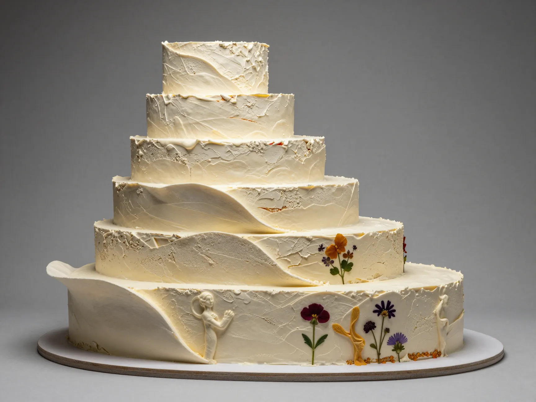 Sculptural asymmetrical tier cake offset organic shapes textural contrast oval