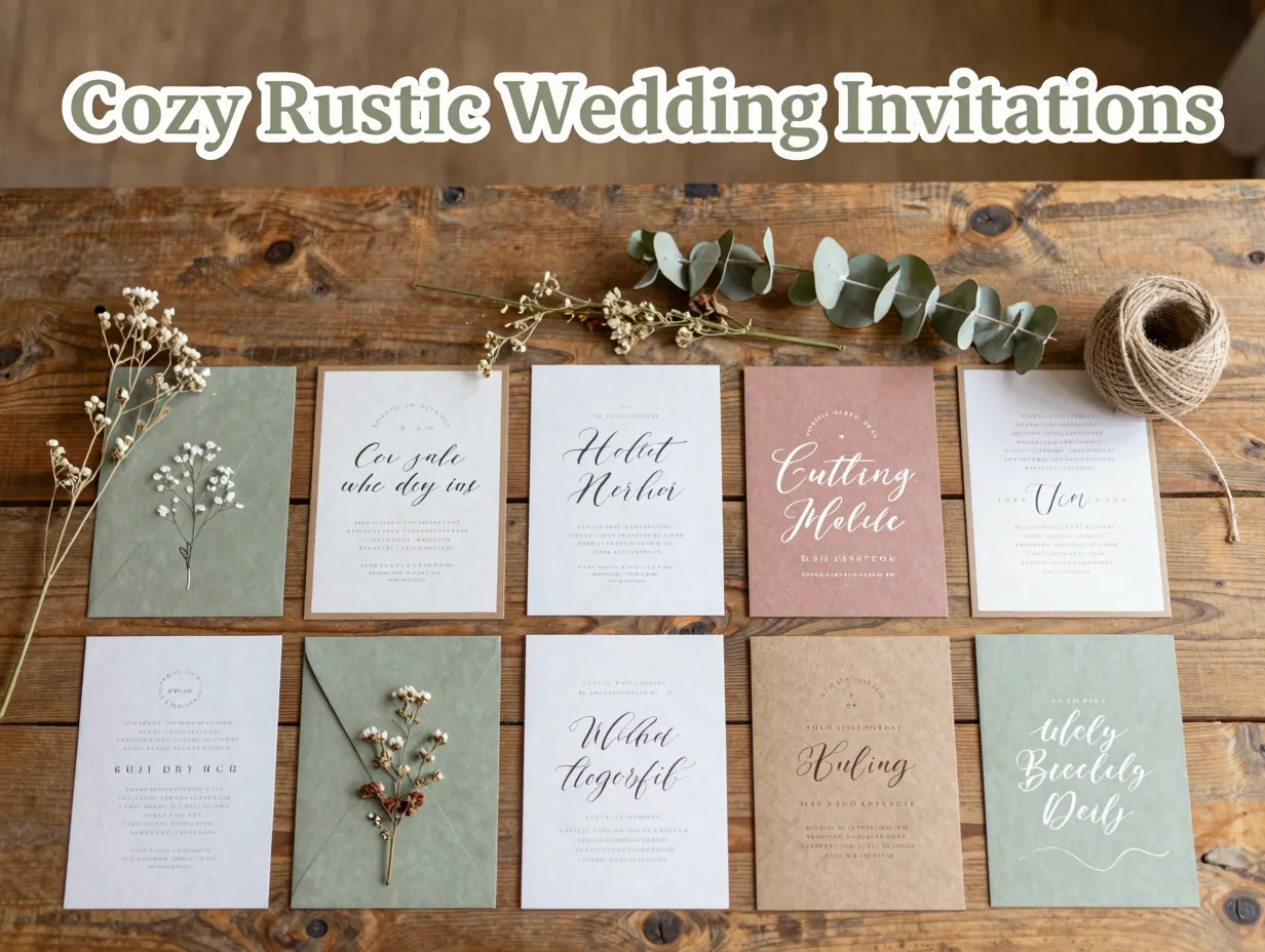 Flat lay eight rustic wedding invitations with dried botanicals on wood